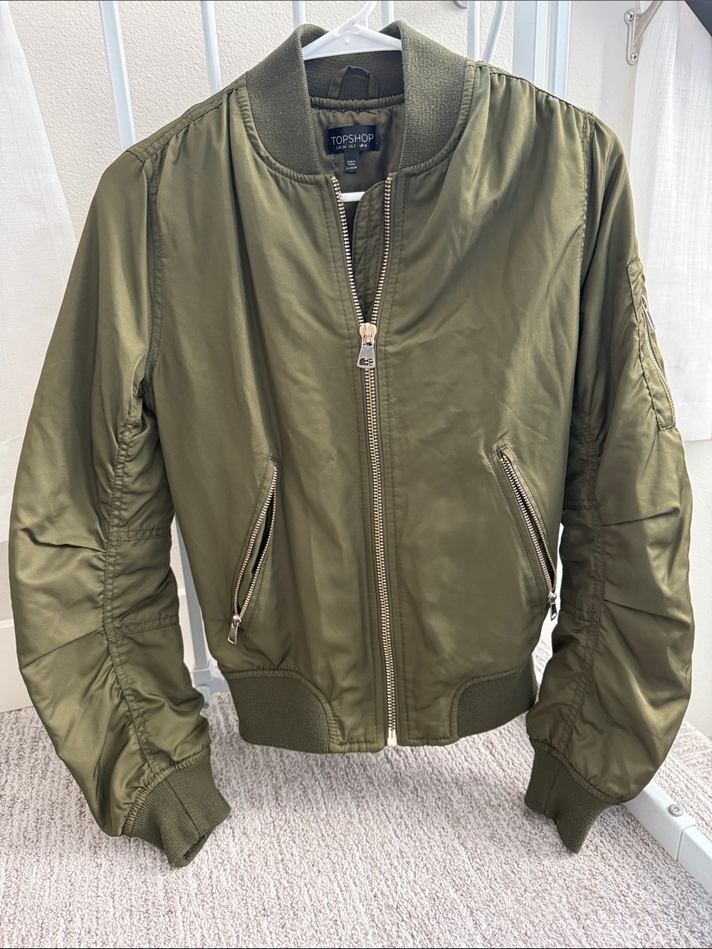 Topshop Olive Bomber Jacket with Silver Zipper
